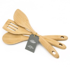 Dehaus® Premium Bamboo Kitchen Utensils - Set of 3 - Luxury Wooden Spoon, Spatula & Fish Slice - Slotted Turner Utensil Accessories - Wood Cooking Tools for Non Stick Pan or Wok - Mini Starter Sets