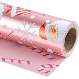 LeZakaa Christmas Pink Wrapping Paper Jumbo Roll, Santa Claus & Candy Cane, Metallic Foil, Rose Gold Foil Reversible Design for Festive Winter Holiday, Family Gathering, 30 inches x 32.8 Feet
