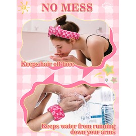MADHOLLY Preppy Spa Headband for Women with Wristbands - Ultra-Absorbent Soft Coral Fleece Skincare Headband for Washing Face Makeup Mask Spa Shower, Pink Cute Trendy Stuff Gifts for Teen Girls