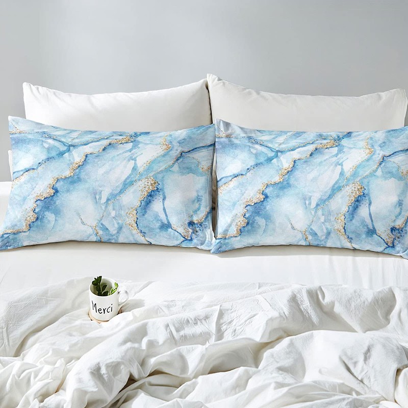 White Blue Marble Comforter Cover Gold Glitter Stone Texture Painted