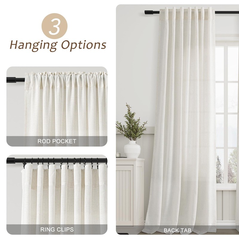 Natural Linen Curtains 84 Inch Length 2 Panels Cream White