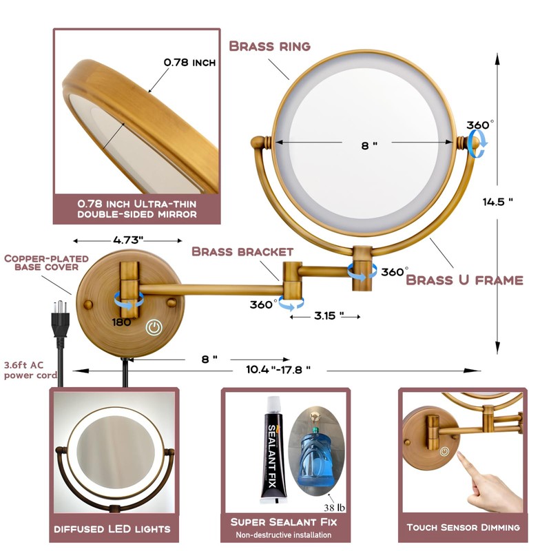 RECKODOR 8" Brass Wall Mount Makeup Mirror with Lights, 1X/5X