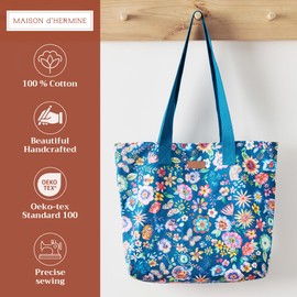 Maison d' Hermine - Bolsa de lona de algodón reutilizable para mujer, bolsas de comestibles a granel con asa para ir de compras, viajes, 14 - Happy Florals - Azul, 17.7" L x 4" W x 14.5" H (Canvas