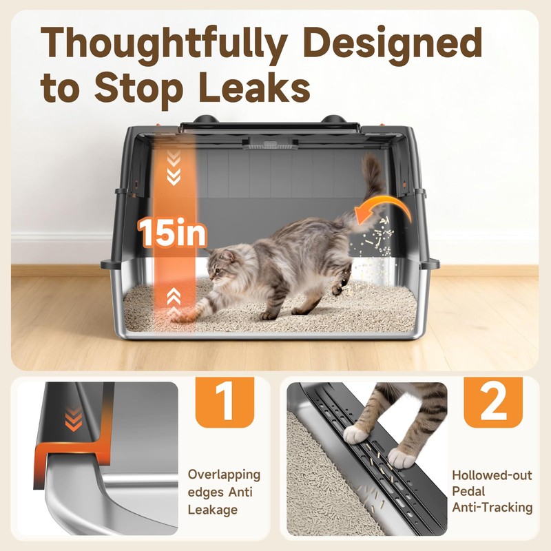 KISENG Stainless Steel Litter Box with Lid, High Sided Enclosed
