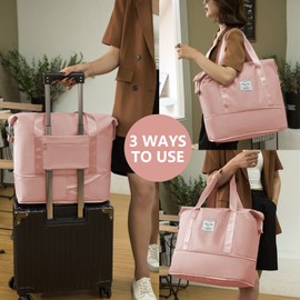 Crazy Bean Travel Duffle Bag Weekond Overnight Bags for Women Large Carry On Bag Expandable Sports Gym Bag with Trolley Sleeve for Vacation Shopping(Pink)