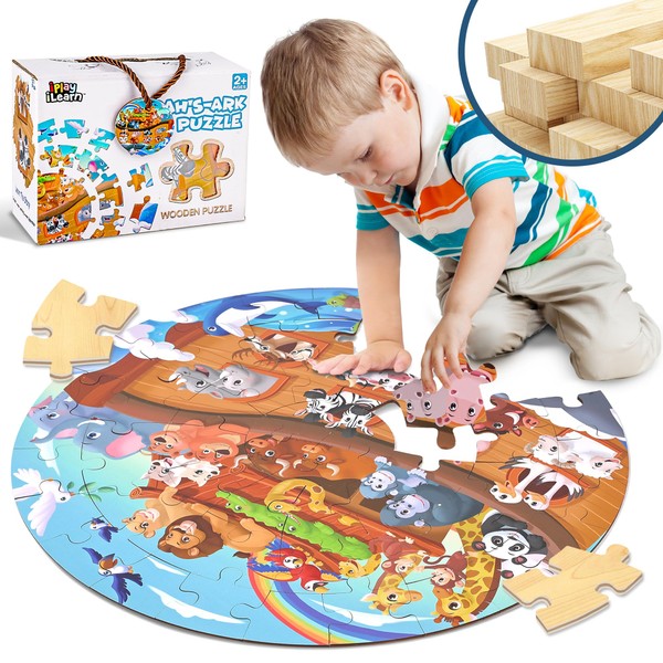 iPlay, iLearn Toddlers Noah's-Ark Wooden Animal Puzzles, Kids Floor Puzzles for Ages 3-5, 4-8, Large 51 Pieces Round Jigsaw Puzzle Educational Toys, Birthday Gift for 6 7 Years Old Boys Girls Children