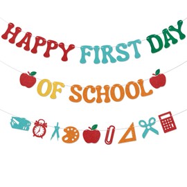 Happy First Day of School Banner - Back to School Decorations, Colorful Glitter First Day of School Garland Bunting Banner for Classroom Teacher Office Home Decorations