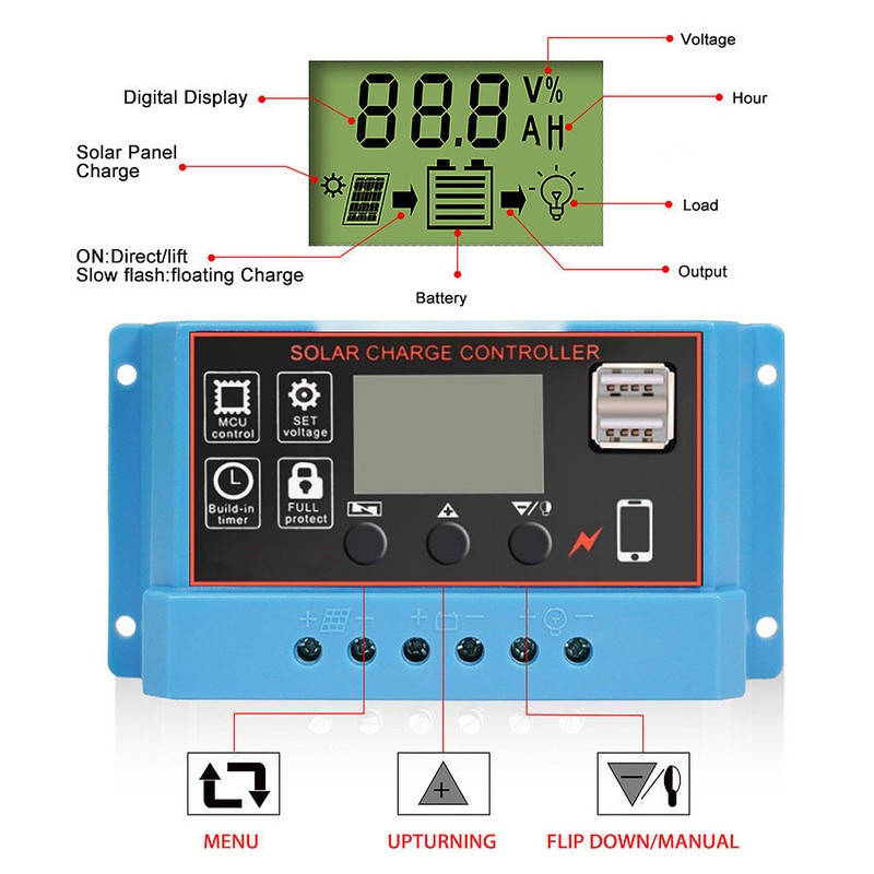 Solar Panel Charge Controller LCD Display PWM Photovoltaic Charging Regulator