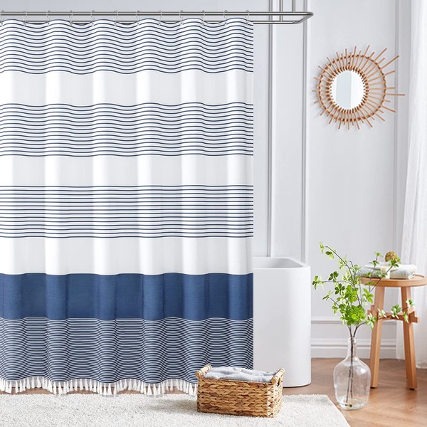 Dynamene Navy Blue Fabric Shower Curtain, Farmhouse Boho Striped Tassel