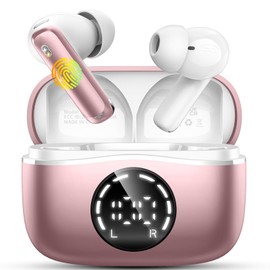 Wireless Earbuds, Bluetooth Headphones 5.4 HiFi Stereo Ear buds with ENC Noise Cancelling Mics, 48H Bluetooth Earbuds with LED Display Charging Case, IP7 Waterproof Earphones for Android iOS, Rosegold