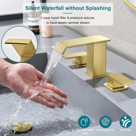 Brushed Gold Bathroom Faucet 3 Hole, OMEKNTOP 8 Inch Waterfall Gold Bathroom Faucet with Overflow Pop Up Drain and cUPC Hose, Two Handle Bathroom Sink Faucet for Basin Lavatory Vanity