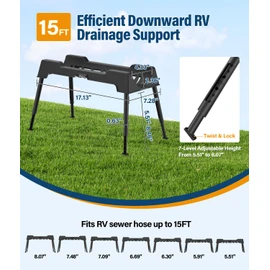 RV Sewer Hose Support, 15FT Heavy-Duty Camper Waste Hose Holder with 7 Foldable Sections, Adjustable & Stable Waste Drainage Support with Strap, Stackable & Weather-Resistant