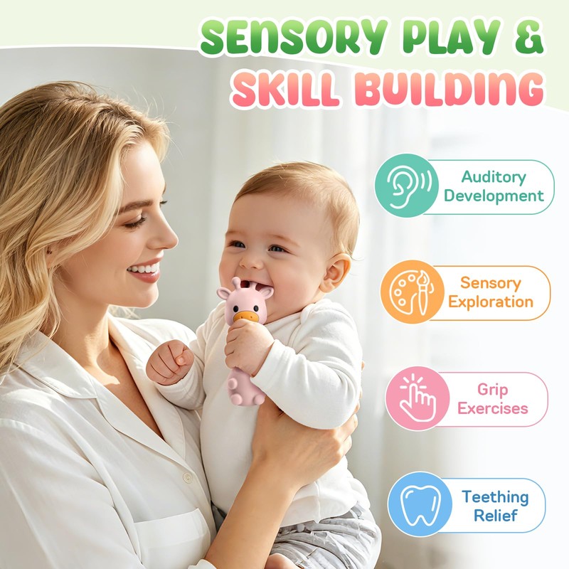 Baby Teething Toys 3-6 6-12 Months, 2-in-1 Rattle and Teether