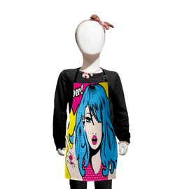 Lunarable Retro Apron, Woman with Hair Super Speech Bubble Victory Sign Cartoon Pop Art Inspired, Small Apron Bib with Adjustable Ties for Baking Painting, Small Size, Yellow Pink and Blue