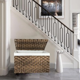 MOORLITER Storage Basket with Lid, 42.3 Gallon (160L) Wicker Storage Trunk with Handles, Handwoven Wicker Basket for Blanket, Removable Liner, Foldable, for Living Room, Laundry Room, Brown