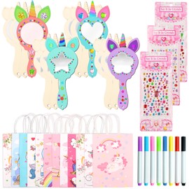 DXiongW 35 Stück Einhorn Spiegel Basteln DIY Einhorn Holzspiegel zum Bemalen Handwerk Kindergeburtstag Spiel Malen Bastelset Mini Prinzessin Handspiegel Geschenk für Mädchen 6 7 8-12 Jahre Party Deko