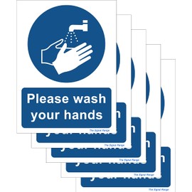 The Signal Range Pack of 5 Minimalist White Vinyl Plastic Safety Signs - 135 x 180 mm - Please Wash Your Hands