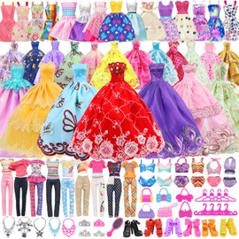 75 Pcs Doll Clothes and Accessories Gift Box Package,5 Wedding Gowns 4 Evening Dresses 8 Fashion Dresses 3 Set Casual Outfit, 2 Swimsuit,30 Hanger 10 Shoes 10 Accessories Toys for Girls Kid Gift
