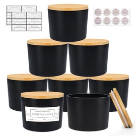 CONNOO 8 Pack 12 OZ Matte Black Glass Wide Mouth Candle Jars for Making Candles with Airtight Bamboo Lids Nice Sticky Warning Labels for Candle Making Empty Container Bulk - Dishwasher Safe