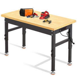 Antifir 48'' Adjustable Workbench,Heavy-Duty Workstation with Power Outlet,2000LBS Load Capacity Rubber Wood Top Worktable for Garage,Office, Workshop, Home, Easy Assembly, Black