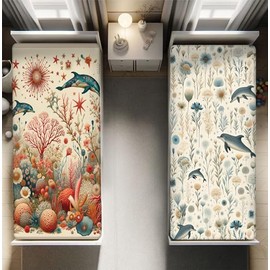 Ambesonne Nautical Fitted Sheet Set, Abstract Colorful Beachy Art of Botanical Underwater Scene Dolphins, 2 Pack Comfortable Bedding All-Round Elastic Pocket, Twin Size, Coral Petrol Blue Beige