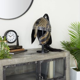 Deco 79 Metal Replica Medieval Greek Spartan Helmet with Black Wood Stand and Plume, 10" x 12" x 18", Gold