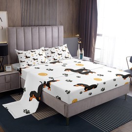 Castle Fairy Cute Dachshund Dog Fitted Sheet King Size,Ball Bones Paw Print Bed Sheet Set Bedroom Decor,House Pet Animal Themed Polyester Bedding Set(1 Fitted,1 Flat,2 Pillowcases)