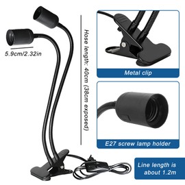 GOEDCH Table Lamp Holder E27: Double Head Clip Lamp Holder, LED Desk Lamp Clip with Cable and Switch, EU Plug, Gooseneck 360 Degree Flexible, Long Hose for Headboard, Workbench, Black