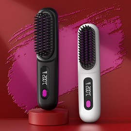 S7 Cordless Hair Straightener Brush, Portable Negative Ion Hot Comb  Long Battery Life with USB Rechargeable Feature Fast Heating 3 Temp Settings Anti-Scald, 20Mins Auto-Off, for Travel - Colour: BLACK