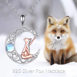 VONALA Moon Fox Necklace 925 Sterling Silver Moonstone Pendant Fox Jewelry Moon Gift for Women