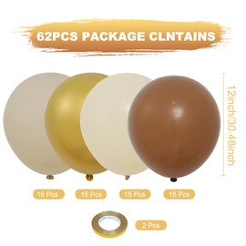62pcs White Brown and Gold Balloons Set,12inch Gold Balloons Brown Balloons White Latex Balloons Helium Balloons with Ribbons for Birthday Wedding Baby Shower Party Decorations