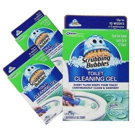 (3 Pack) Scrubbing Bubbles, Toilet Cleaning Gel, Glade Rainshower Scent, 1 despenser and 6 gel stamps in ea. pack