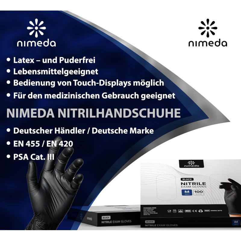 NIMEDA Nitrile Gloves M Black Pack of 100 Disposable Gloves