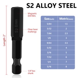 20PC Hex Head Allen Wrench Drill Bit Set, S2 Steel Quick Release Shank Magnetic Screwdriver Bit Set, 2" Long 1/4" Diameter Hex Bits for Furniture Screws(10pc SAE & 10pc Metric)