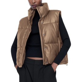 Ailoqing Womens Faux Leather Puffer Vest Zip Up Sleeveless Winter Cropped Jacket(Khaki-XS)
