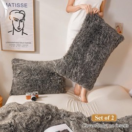 XeGe Faux Fur Throw Pillow Cases, Plush Shaggy Ultra Soft Pillow Covers, Fluffy Crystal Velvet Decorative Pillowcases, Furry Fuzzy Pillow Shams Zipper Closure, Set of 2(Standard, Dark Gray Ombre)