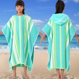 VOOVA & MOVAS Hooded Poncho Towels for Teens (8-16Years), 100% Cotton Thick Poncho Towel for Big Kids, Perfect for Pool, Beach, Bath, Green White Stripe