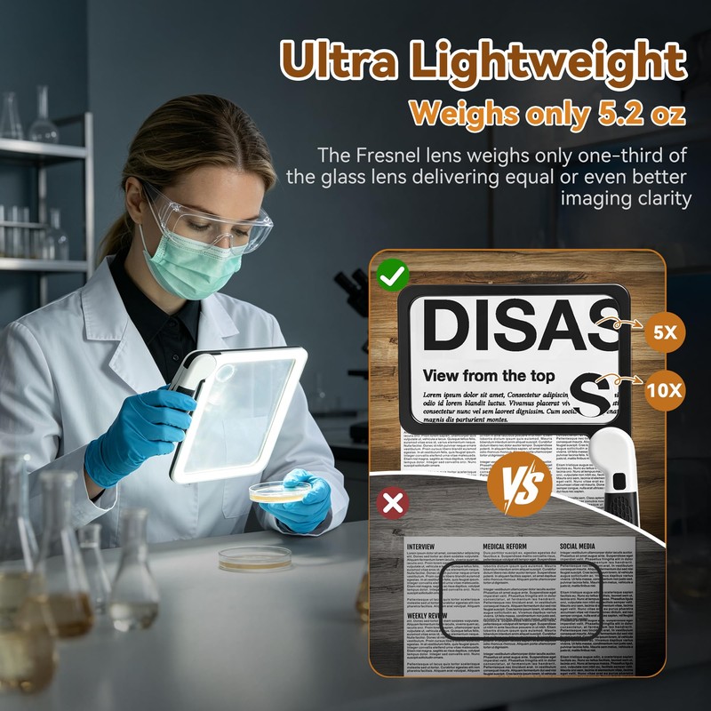 Magnifying Glass for Reading: 5X10X Rechargeable Large Light Book Magnifier