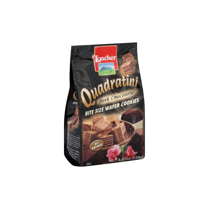 Loacker Quadratini, Crispy wafer cubes with dark chocolate cream filling,