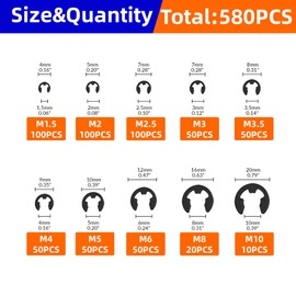 NexSync 580Pcs E-Clip External Retaining Rings Snap Rings Assortment Set, 65Mn Steel E-Clip Kit, 10 SAE Sizes Circlip Snap Rings M1.5- M10