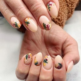 Christmas Press on Nails Short Almond OFDNE Winter Fake Nails False Nails with Designs Flower Leaves Nude Full Cover Glossy Glue on Nails Stick on Nails Xmas Acrylic Nails for Women Girls 24 Pcs
