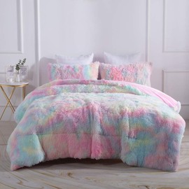 Wajade Faux Fur Plush Rainbow Comforter Set Fluffy Fuzzy Shaggy Bedding Set - 3PC King Size Microfiber Soft Warm Quilt Set