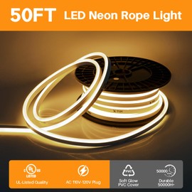 50ft/15m LED Neon Rope Lights - Commercial Neon Strip Light Outdoor Waterproof - 110V Flex Warm White Neon Lights Connectable DIY Strips Lighting for Indoor Outdoor Decor