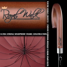 Royal Walk Large Windproof Umbrella for 2 People, 54 Inch, Dark Red, Aluminum Frame, 16 Ribs, Wooden Handle, Auto Open, Carry Sleeve, 2 Years Replacement Guarantee