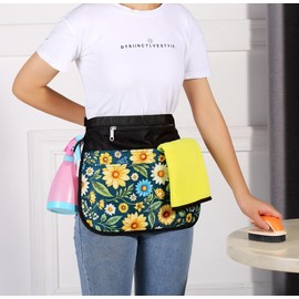 Bafelia Small Size Cleaning Caddy Apron for Women with 5 Pockets, Professional Waterproof Cleaning Supplies for Housekeepers, Green Flowers, Small