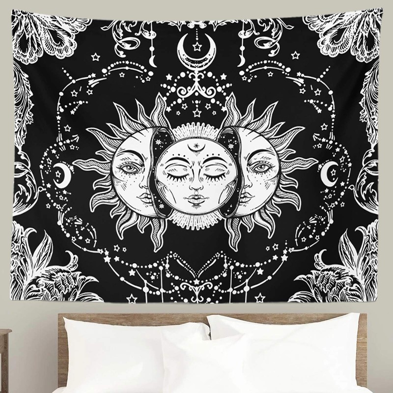 Ftuency Sun and Moon Tapestry Black and White Tapestries Mystic