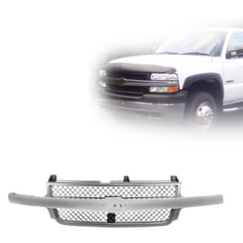 Titanium Plus Autoparts Front Black Grille Assembly Grill With Chrome Center Bar Fits for 2001-2002 CHEVY Silverado 2500 HD 3500 Pickup Truck Fits GM1200523 15088290