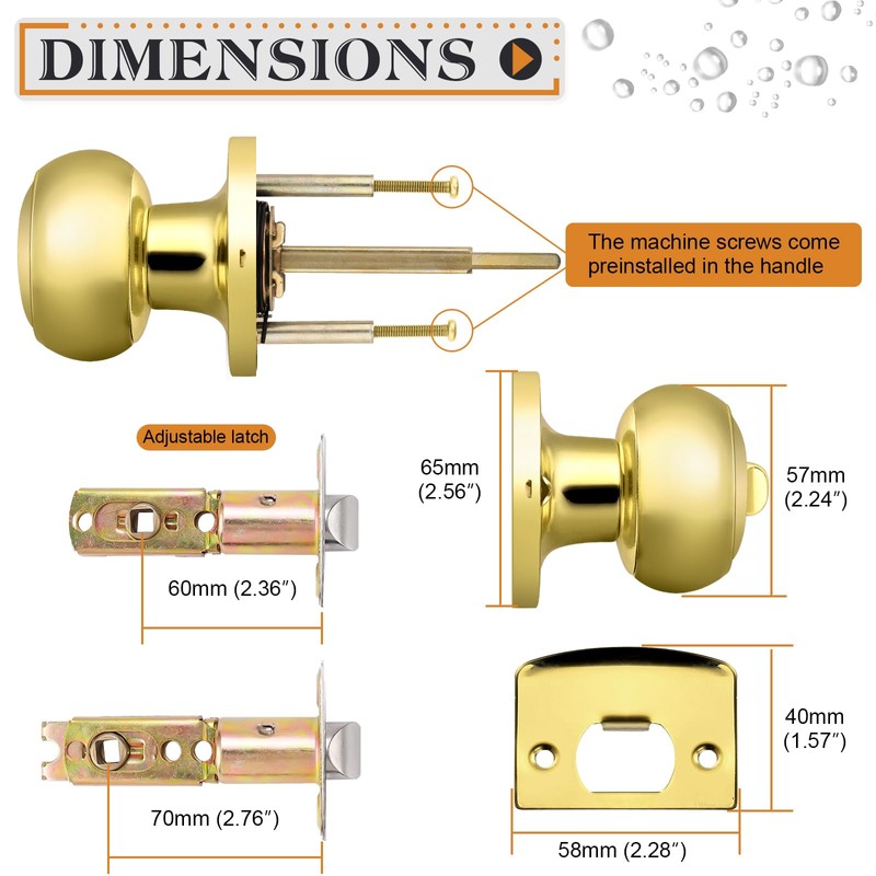 Probrico Gold Interior Door Knobs for Bedroom Bathroom, Polished Brass