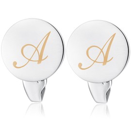 HONEY BEAR Initial Alphabet Letter Cufflinks Tie Clip Set for Mens - Brushed Silver Round for Business Wedding Gift A - Z