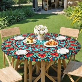 Betylifoy Mandala Round Fitted Tablecloth with Elastic Edge Waterproof Outdoor Table Cloth Wipeable Round Table Cover Colorful Boho Table Cloth for Picnic,Camping,Dinner Fits 36"-44" Round Tables